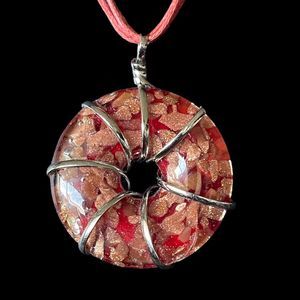 Artisan Red Gold Foil Art Glass Donut Pendant Silver Tone Wrapped Necklace